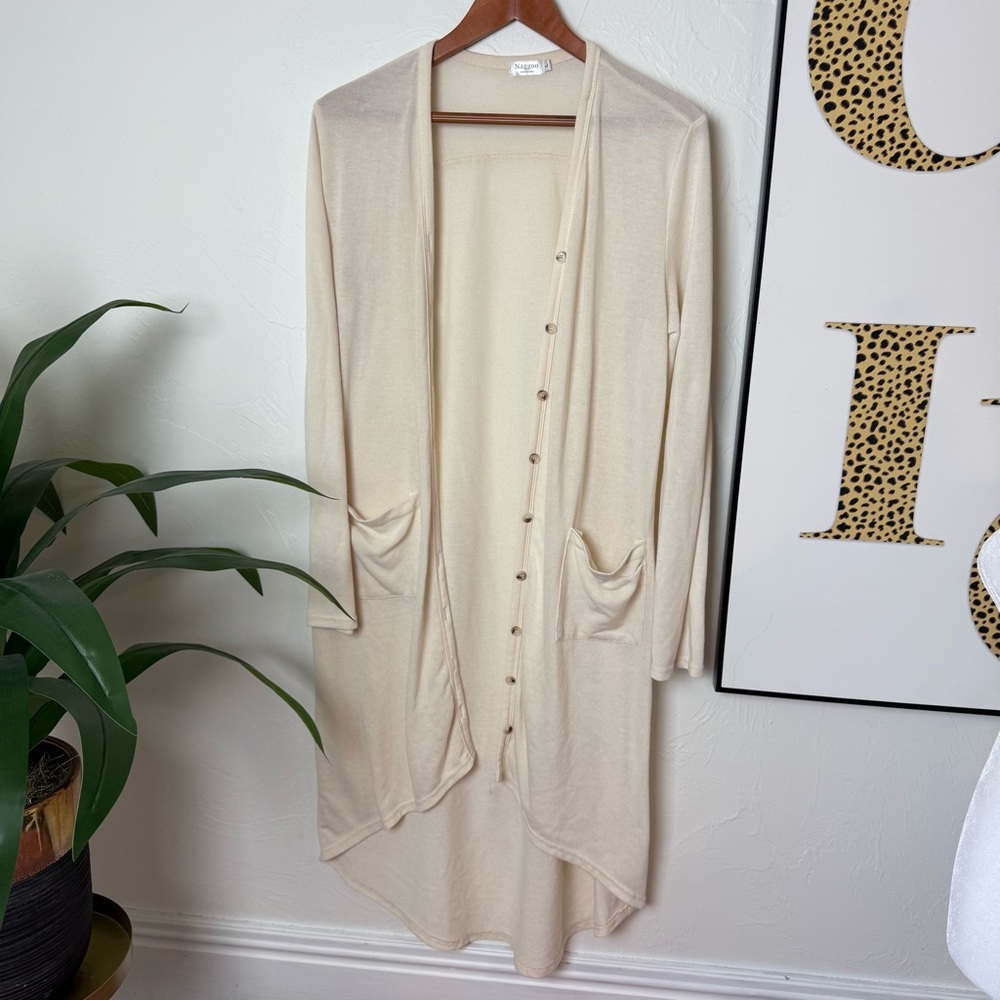 Naggoo Beige Lightweight Button Front Duster Cardigan - Size L
